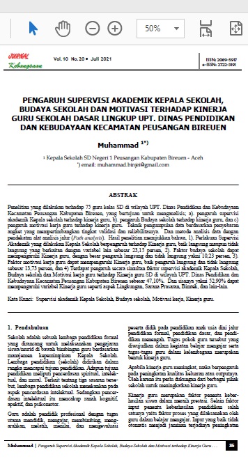 Pengaruh Supervisi Akademik Kepala Sekolah Budaya Sekolah dan Motivasi terhadap Kinerja Guru